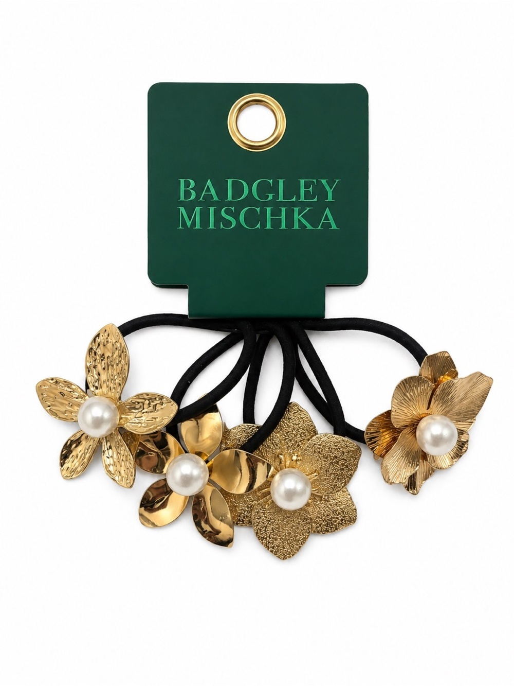Badgley Mischka Gold Floral Pearl Hair Ties - Set of 4